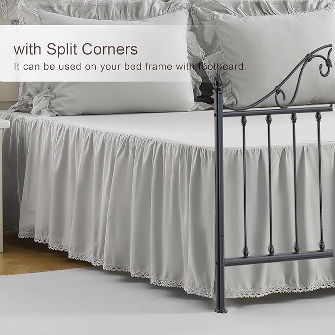 Vlocemon Queen Size 18 inch Drop Light Grey Dust Ruffle, Crochet Edge Lace, Lightweight 100% Cotton, French Coutry Style Ruffled Bed Skirt with Split Corners