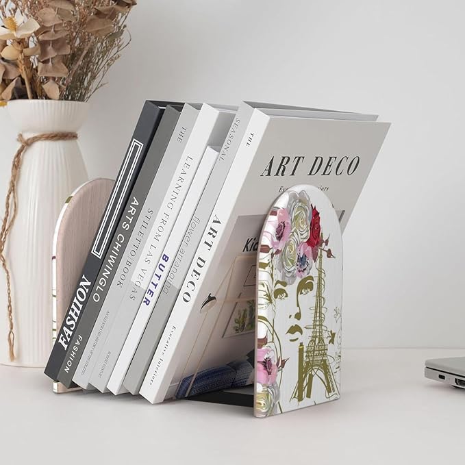 Paris Eiffel Tower Wood Bookends Stands Decorative Non-Slip Book Organizers for Home Office Desk Library School Study 1 Pair