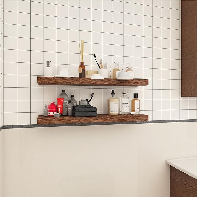 Floating Shelves for Wall, Set of 2 Solid Wood Wall Shelves for Bathroom, Small Hanging Shelf for Books Storage Room Decor (Walnut, 24in)