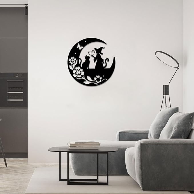 GlintHome Cat Metal Wall Art Decor Moon and Cat Witch Black Wall Hanging Decor Silhouette Wall Art for Home Bathroom Bedroom Living Room Kitchen Office Garden Hotel Wall Decoration