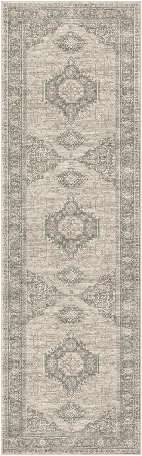 Lahome Oriental Hallway Runner Rug Non Slip, 2.5x8 Kitchen Washable Runner Soft Hallway Rug, Traditional Ultra-Thin Carpet for Bathroom Entryway ‎Laundry Room, Grey/Brown