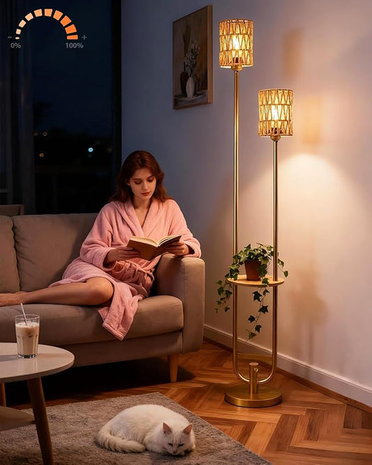 Lightdot 63IN Gold Floor Lamp with 2 Rattan Shades Mid Century Standing Lamps with Warm White LED Bulbs, Unique Vintage Tall Floor Lamp for Living Room/Wedding/Party