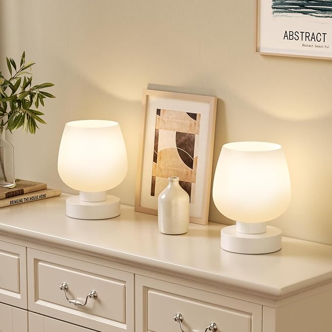 Seealle Touch Bedside Table Lamp Set of 2 - Small Bedside Lamp for Bedroom Living Room Night Stands, Desk Lamp with White Glass Shade for Small Spaces, 3 Way Dimmable, LED Bulbs, Gifts