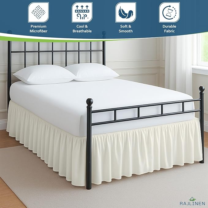 Rajlinen Ruffled Bed Skirt Full, 18 Inch Drop Dust Ruffle with Split Corners, 100% Microfiber Bedskirt with Platform, Three-Sided Coverage Ruffled Gathering Design, Ivory