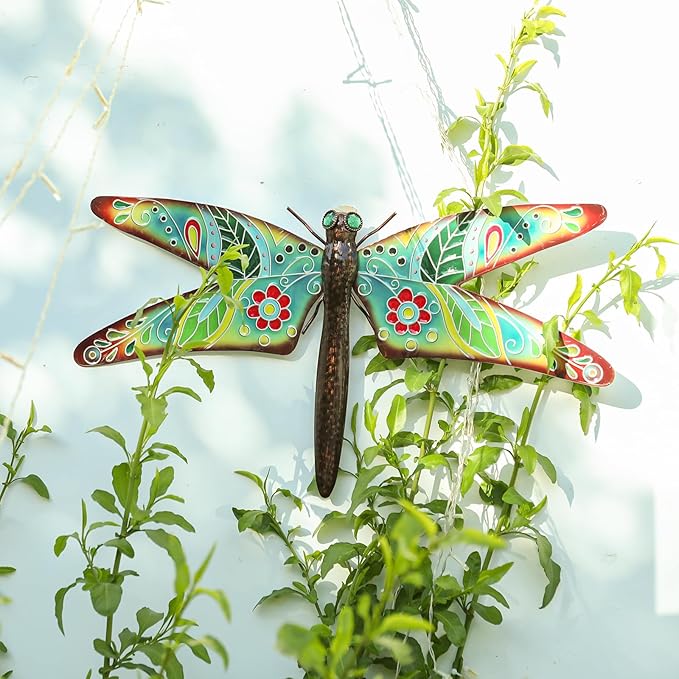 VCUTEKA Outdoor Metal Dragonfly Wall Decor Dragonfly Wall Sculpture Hanging Garden Wall Art Sculpture for Indoor Outdoor Patio Fence Decor Large