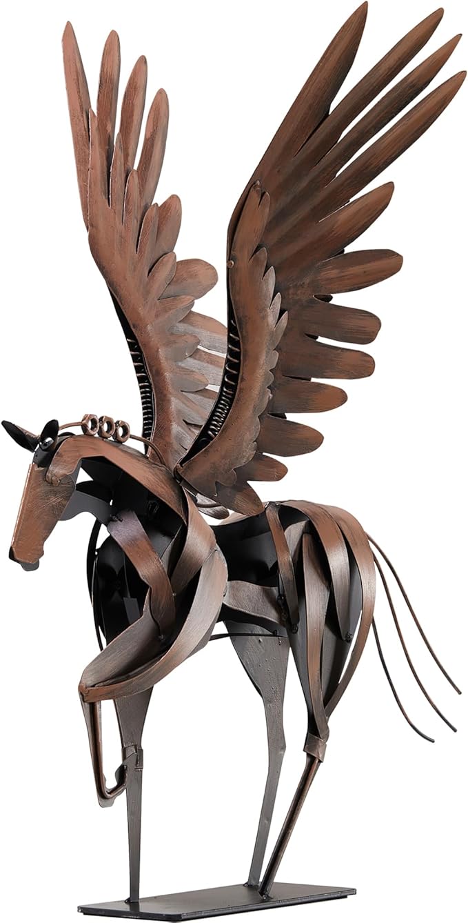 Horse Statue Décor Artwork, 24" H Handmade Metal Pegasus Greek Flying Horse Sculpture, Hand-Painted Animal Figurines for Home Living Room Office (Vintage Brown with Wings)