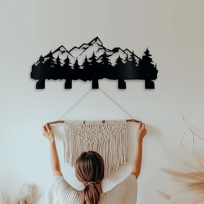 Metal Mountain Coat Hooks and Key Holder, Mountain Design Wall Art Decor, Clothes Hat Rack, and Backpack Hanger, Storage Decor for Living Room, Hallway, Office, Kitchen, Entryway, and Bedroom