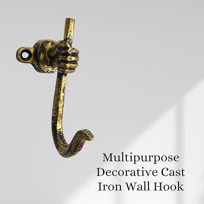 Set of 3 Cast Iron Unique Hand Hook Shape Coat Hooks Wall Art Decor-Hand Shape Hangers and Key Holder-Clothes Rack and Backpack Hanger-Coat Hooks Home Decor for Storage, Living Room (Brass Antique)