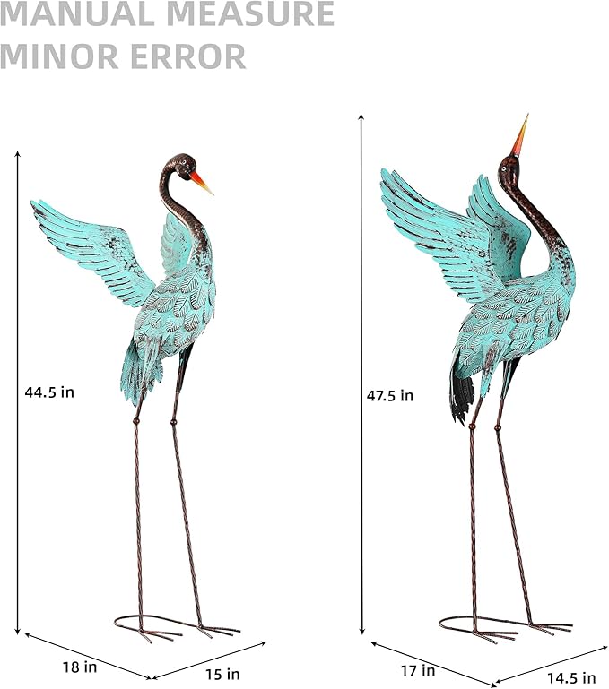 47.5" Extra-Large Blue Heron Decor, Handcrafted Metal Crane Statues with Stable U-Ground Stakes, Backyard Decoration, Metal Garden Bird Animal Yard Art, Lawn Ornament