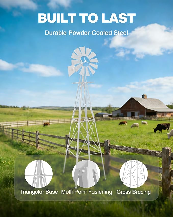8FT Windmill for Yard Garden Decoration with Weather Vanes，Heavy Duty Outdoor Wind Mills, Large Metal Outdoor Windmill,Weather Resistant,Blue