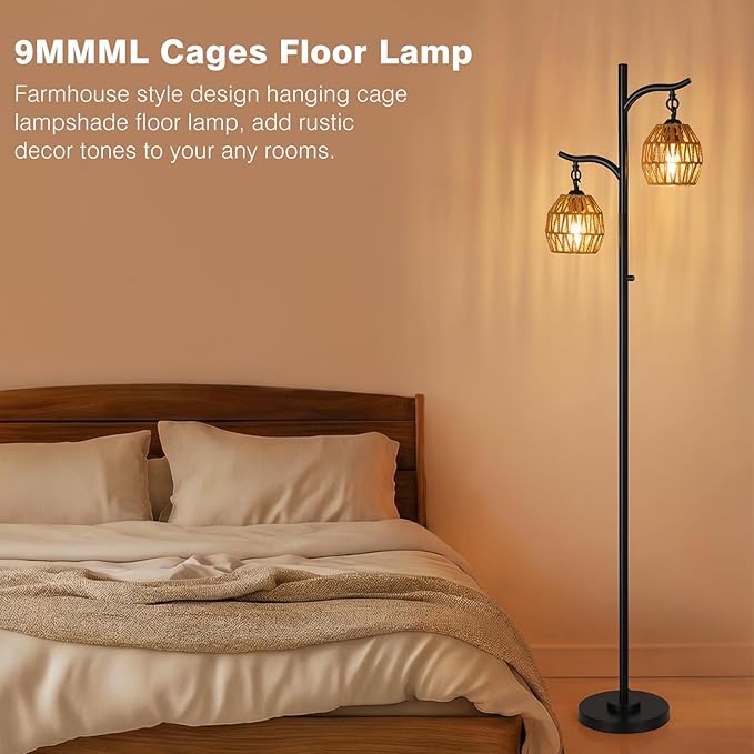 9MMML Rattan Floor Lamp for Living Room, Boho Floor Lamp with 2 Hanging Rattan Lamp Shade, 67'' Farmhouse Dimmable Black Standing Lamp with Rotary Switch for Bedroom, 2 x 800LM LED Bulbs Included