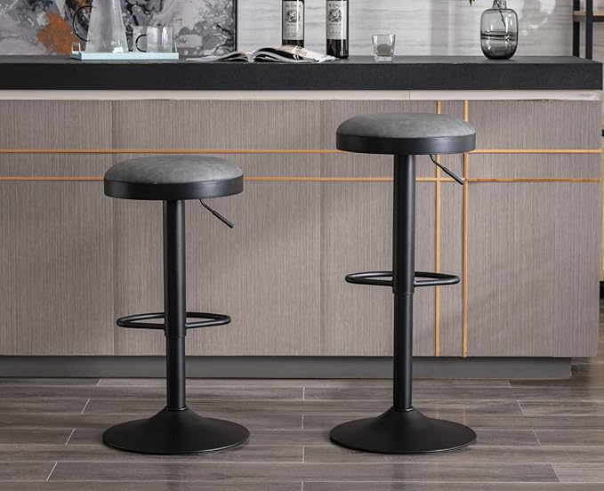CIMOTA Swivel Round Bar Stools Set of 1 Backless Adjustable Counter Height Barstools Modern Industrial PU Leather Bar Stool Chair for Kitchen/Home Bar/Pub/Bistro/Office, Retro Grey