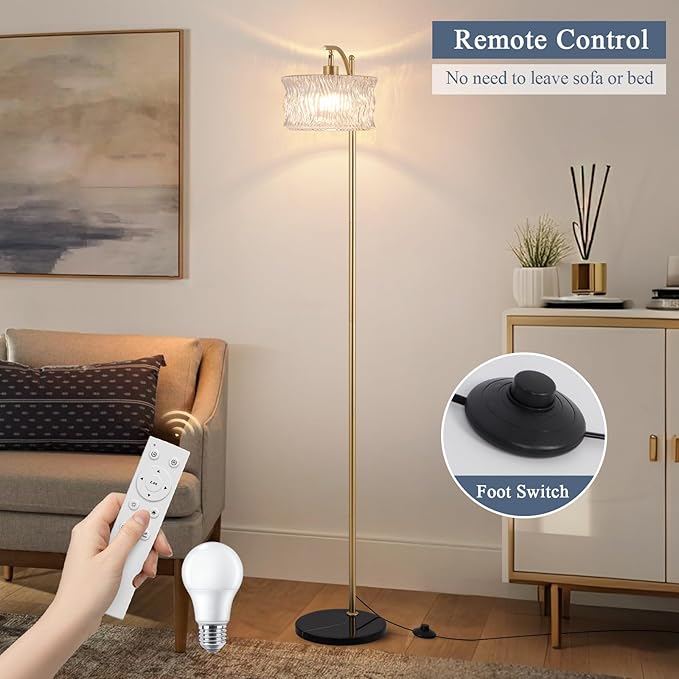 JERANDO Dimmable Glass Floor Lamp for Living Room, Modern Gold Standing Lamp with Remote Control, Vintage Clear Glass Lampshade Tall Lamp for Bedroom Study Room(LED Bulb Included)