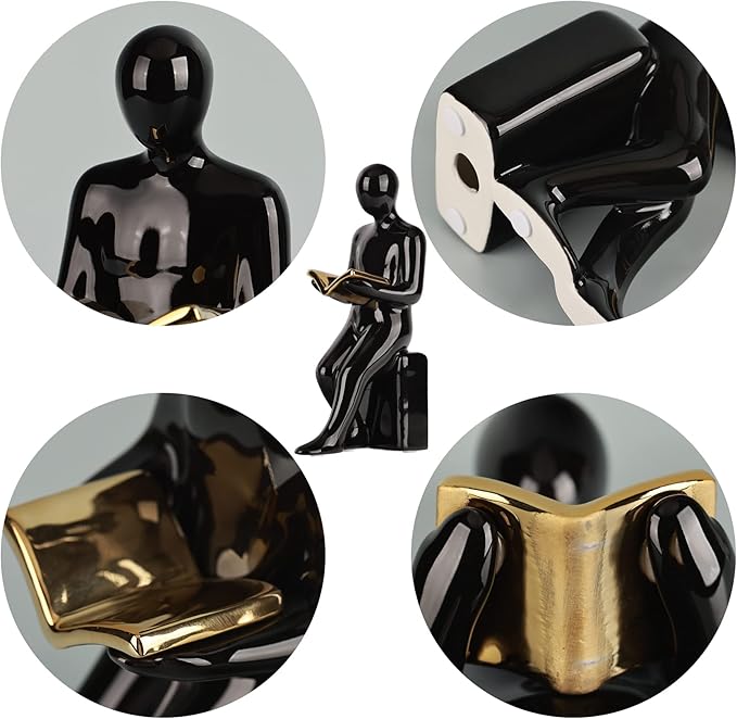 XINGYAN Elegant Ceramic Bookends - Black & White Reading Statues with Gold Accents - Sophisticated Decor for Shelves and Home(Gold Book)