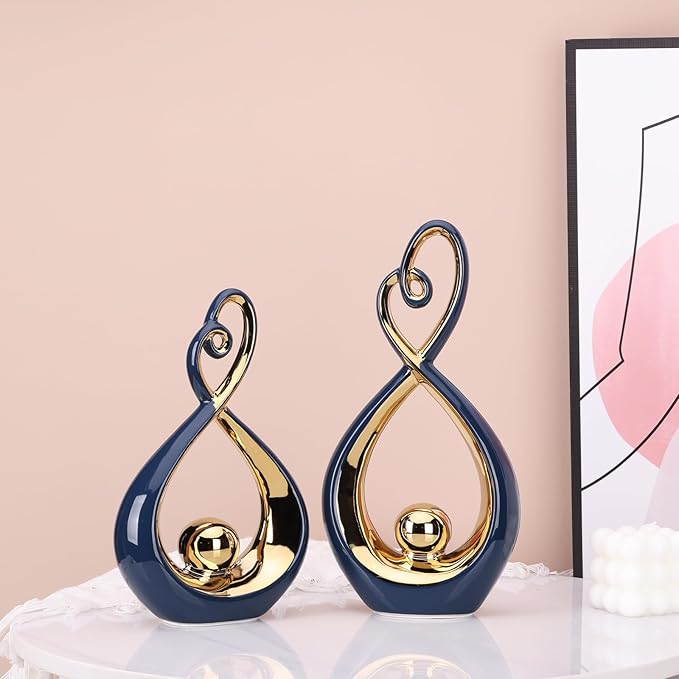 DOVDOV Navy Blue Decorations, Ceramic Abstract Sculpture 2 Piece Set, Still and Gold Decorative Statues, Gorgeous Home Decor for Office, Room, Shelf, Coffee Table and Desktop Decor Aesthetics.