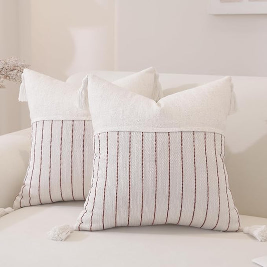 QDTTSRY Boho Throw Pillow Covers 18x18 Inch Set of 2, Burgundy Textured Linen Striped Square Pillow Covers with Tassels, Soft & Cozy Farmhouse Décor Pillow Cases for Sofa Couch Bed Living Room
