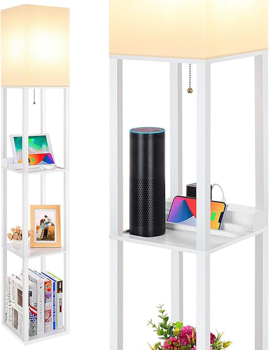 SHINE HAI Shelf Lamp, Modern Standing Lights with 1 USB Port and 1 Type C Port and 1 Power Outlet, 3-Tiered Display Floor Lamps with Shelves for Living Room, Bedroom, Office - White