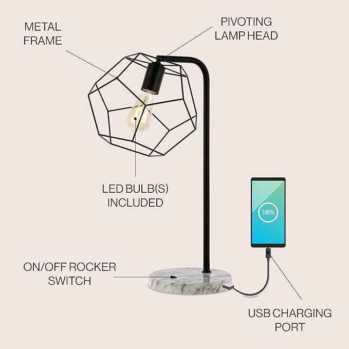 JONATHAN Y JYL1132A Penta 23.5" Industrial Farmhouse Head-Adjustable Iron LED Task Lamp with USB Charging Port Contemporary, Modern Bedside Desk Nightstand Lamp, Black