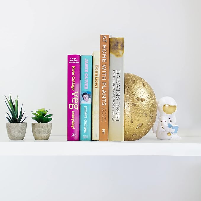 Heavy Duty Astronaut Bookends, Space-Themed Book Ends for Kids Room & Nursery Decor, Gold Moon Book Stoppers to Hold Books, Decorative Bookends for Shelves, Ideal for Boys and Girls