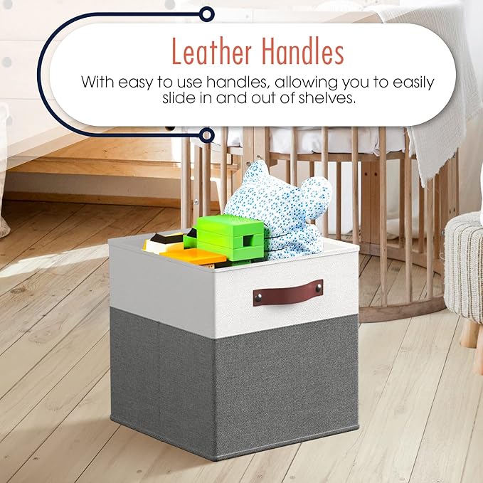 Ornavo Home 13 x 13 Storage Cube Bins, Foldable Collapsible Fabric Storage Bins Box Linen Shelf Basket Cube Organizer for Closet with Leather Handles, 6 Pack, White/Gray
