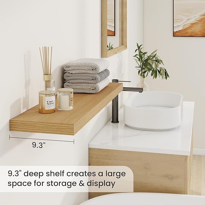 Fun Memories 36 Inch Floating Shelves, 9.3 Inch Deep Rustic Wall Shelves - Extra Deeper Wall Mounted Storage Shelves for Bathroom, Kitchen, Living Room (Oak, Set of 2)