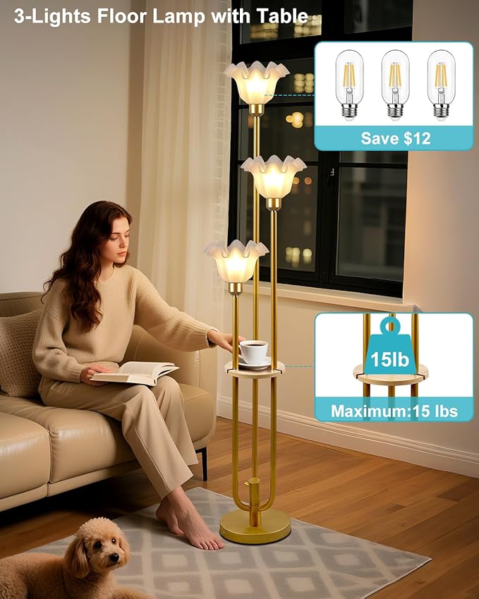 Lightdot Flower Floor Lamp for Living Room, Dimmable Vintage Floor Lamp with Shelf &3 LED Bulbs, 3 Light 3000K Soft Warmwhite Gold Mid Century Standing Lamp, Floral Tall Lamp for Bedroom Office