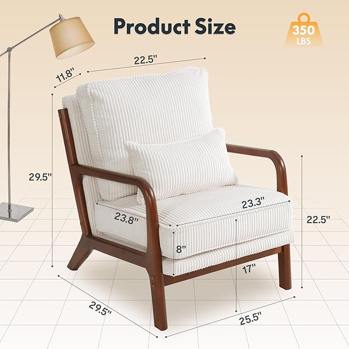 FLEXISPOT AC1 Accent Chair, Mid-Century Modern Armchair with Wood Frame, Comfy Corduroy Upholstered Reading Chair with Lumbar Pillow, 8" Thick Cushion for Living Room Bedroom Sunroom(White)