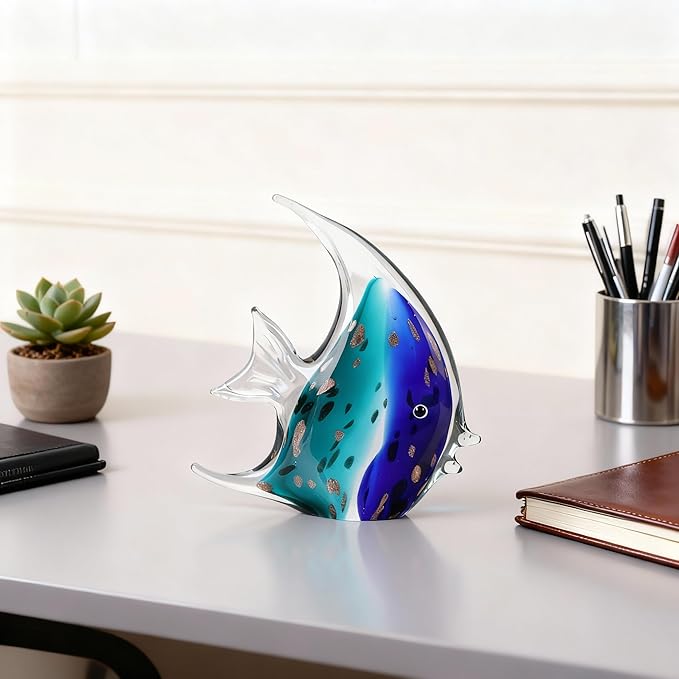 DOVDOV Hand-Blown Glass Fish Decorative Statues, Blue sea Glass Art Decor, Coastal-Themed Decor Suitable for Rooms, Offices, Coffee Tables, and TV Stands, Featuring Marine Animal Sculptures.