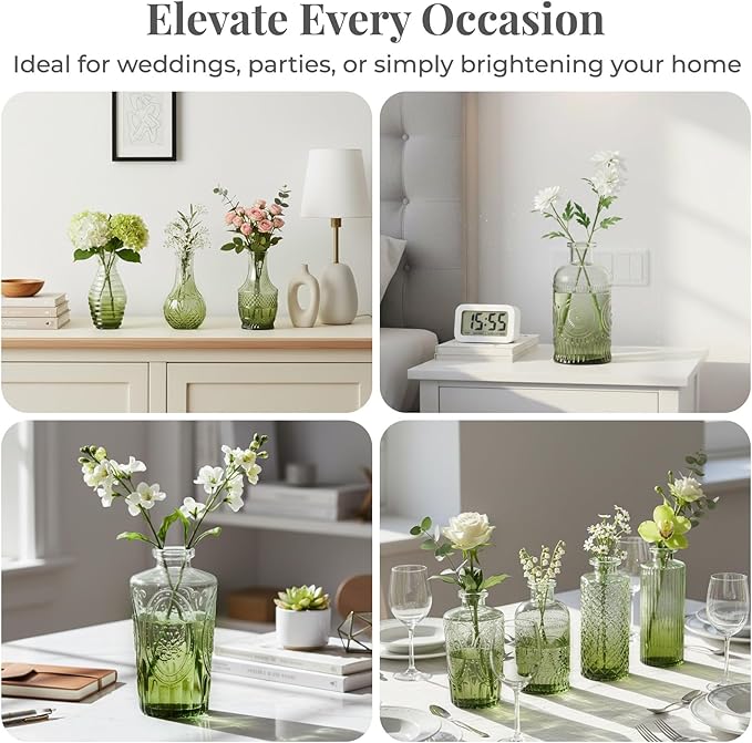 24 Pack Glass Vase in Bulk - BEAHOT Green Flower Bud Vases for Wedding Decorations, Glass Vase for Table Decorations, Small Vase for Home&Baby Shower, Mother's Day, Centerpieces, Party(Green Gradient)