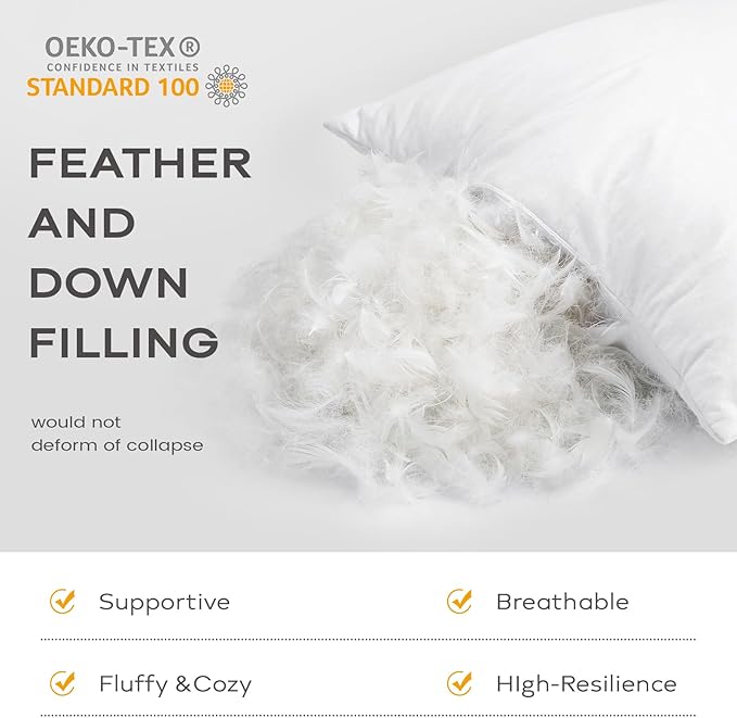 SAVORI Set of 2 Down and Feather Throw Pillow Inserts 18x18 Soft Fluffy Pillow Inserts with 100% Down-Proof Cotton Cover, Decorative Square Cushion Inner for Sofa Couch Bed-White