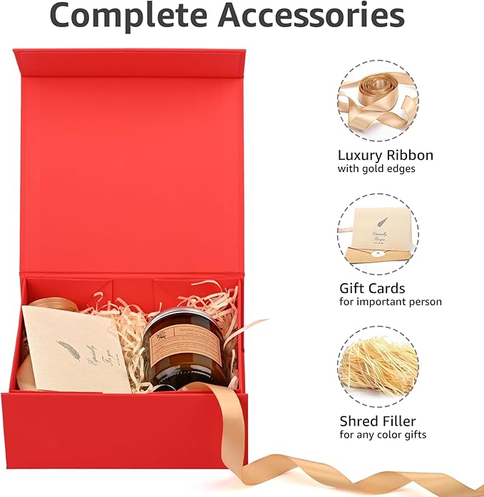 LIFELUM Red Gift Box 8 x 7 x 3 inch, Small Gift Box with lid Magnetic Closure for Presents with Lids Ribbon