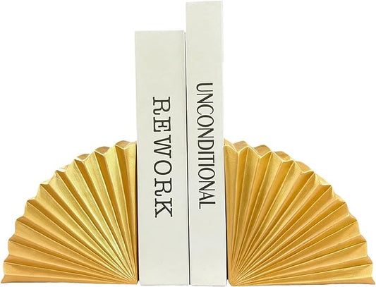 Golden Fan Shape Bookends Set of 2 – Elegant Resin Decorative Book Stoppers, Heavy Duty Modern Book Ends for Home Office Bookshelf Decor