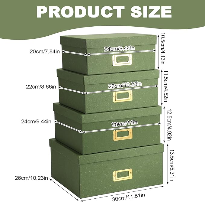 Eaasty Set of 4 Decorative Storage Boxes with Lids, Kraft Paper Boxes with Gold Label Holders, Decorative Photo Memory Keepsakes Storage, Cardboard Organizers for Home Decor, Office Organizing (Green)