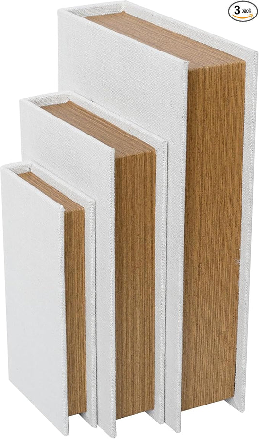 Decorative Book Boxes Set of 3 – Modern Faux Linen & Wood Hidden Storage for Coffee Table – Stackable Fake Books for Shelf Decor, Remote Control & Jewelry Organizer (Off White)