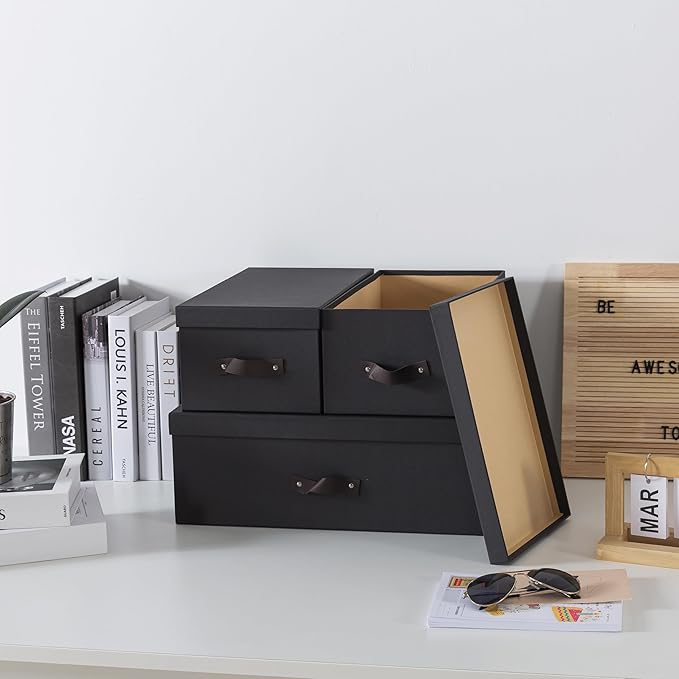 Soul & Lane Decorative Storage Boxes with Lids - Set of 3 (One Large and Two Medium), Sturdy Cardboard Organizers for Photos, Versatile Boxes with Handles for Office & Home, Dark Gray