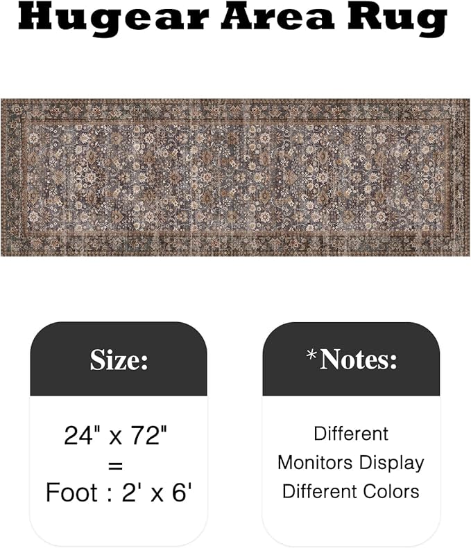 HUGEAR 2x6 Runner Rug Machine Washable Tradition Brown Hallway Area Rugs Indoor Accent Rugs Floral Low Pile Carpet Distressed Throw Rug Bedroom Living Room Office Dining Kitchen Laundry Non Slip