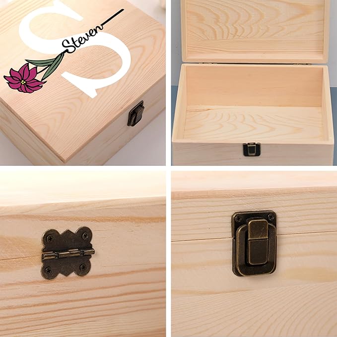 Personalized Wooden Keepsake Memory Box with Birth Flower & Name, Custom Wood Decorative Storage Box with Lids Customized Christmas Gift Box for Women Teen Girls Mom Birthday Gifts