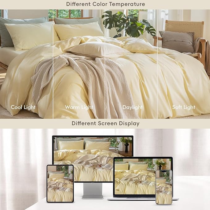 MooMee Bedding Duvet Cover Set 100% Washed Cotton Linen Like Textured Breathable Durable Soft Comfy (Heathered Butter Yellow, Oversized Queen 98"x98")