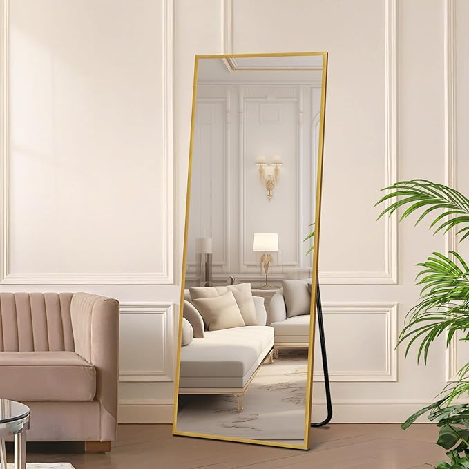 Full Length Mirror with Stand, Shatterproof Full Body Mirror, Aluminum Alloy Thin Frame, Freestanding/Leaning/Wall Mount for Bedroom