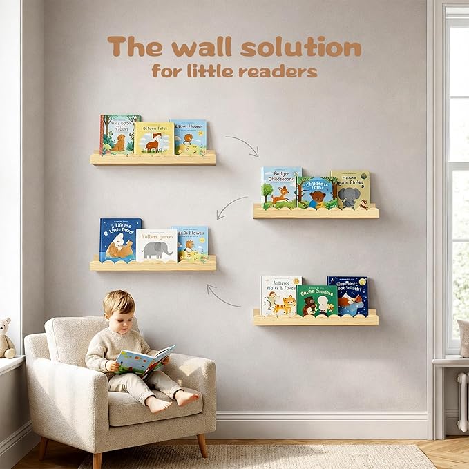 Nursery Floating Shelves for Kids Room, 2 Pack 23.6 Inch Natural Wood Wall Shelves with Scalloped Edge, Kids Bookshelves for Toddler Bedroom, Playroom, Baby Nursery Decor