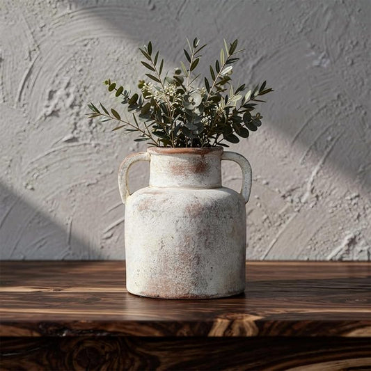 Ceramic Vase with Handles, 6.3 Inch Rustic Flower Vase, Farmhouse Table Decor, Distressed Terracotta Jug for Home Decor, Vintage Centerpieces for Tables, Shelf, Mantel, Living Room Decoration