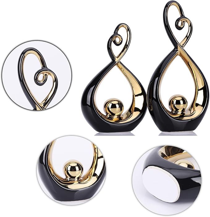 DOVDOV Modern Art Home Decor, Ceramic Abstract Sculpture 2 Piece Set, Black and Gold Statue Decoration, Gorgeous Home Decor for Rooms, Bookshelves, Coffee Tables with Decorative Aesthetics.