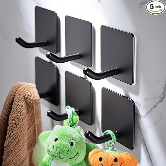DELITON 6 Pack Towel Hooks for Hanging, Adhesive Hooks Stick on Wall for Bathroom Kitchen Heavy Duty Stainless Steel, Black