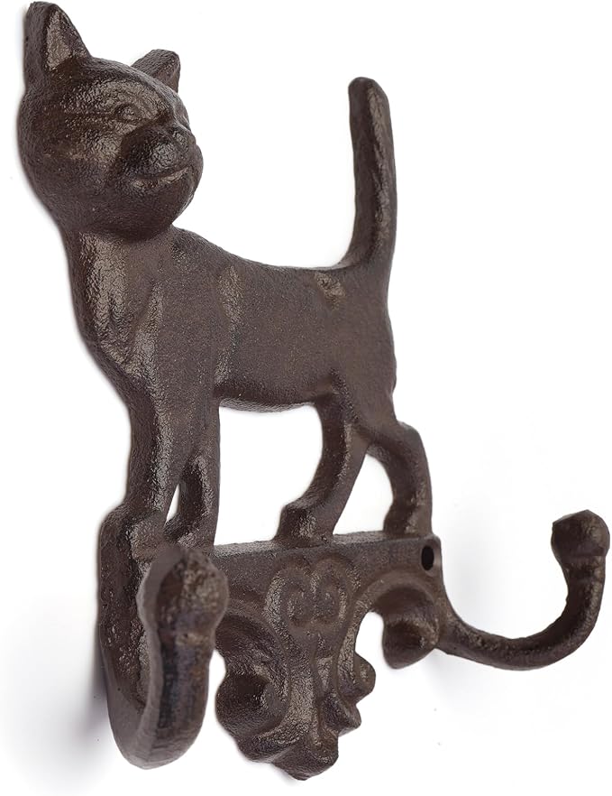 Set of 2 Cast Iron Vintage Dog Wall Hook Decorative Wall Mounted Coat Hooks Rustic Heavy Duty Cute Animal Key Hangers for Dog Leashes, Towels, Hats(Cats)