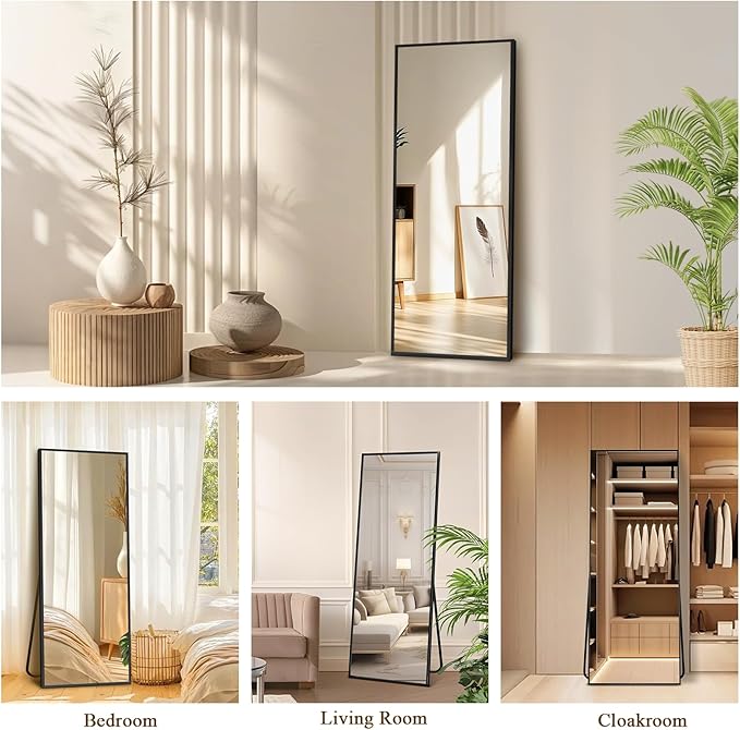 Full Length Mirror with Stand, Shatterproof Full Body Mirror, Aluminum Alloy Thin Frame - Freestanding/Leaning/Wall Mount for Bedroom, Living Room & Entryway (Black)