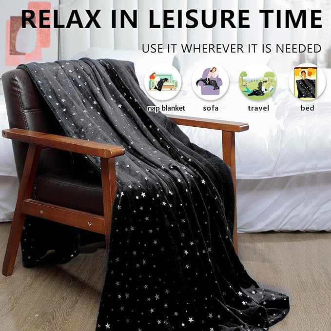 NANPIPER Fleece Blankets,Soft Fuzzy Star Foil Print Blanket,Luxury Cozy Microfiber Twin Size,65"x 80" Black