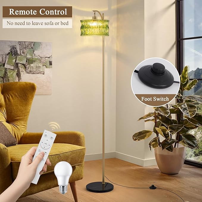 JERANDO Glass Floor Lamp for Living Room, Modern Gold Standing Lamp with Remote Control & 3 Color Temperature, Green Floor Lamps with Glass Lampshade Dimmable Tall Floor Lamp for Bedroom Corner