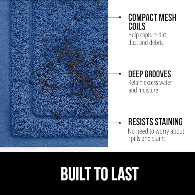 GORILLA GRIP Dirt Grabber Mesh Doormat, Low-Profile, Stain and Fade Resistant Heavy Duty Quick Dry Striped Doormats, Mats for Indoor or Outdoor Entry, Shoe Scraper, Garage Entrance Mat 35x23, Blue