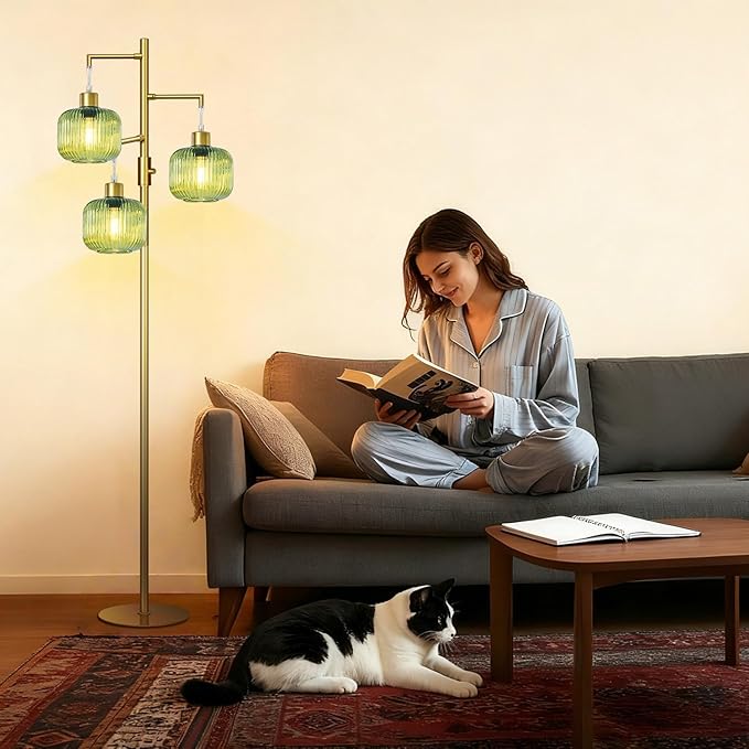 LVYE Modern Floor Lamp with Green Glass Shade, Dimmable Gold Standing Lamp, Mid Century 3 Lights Tall Lamp, Vintage Retro Floor Lamps for Living Room,Bedroom, 3×6W Bulbs Included