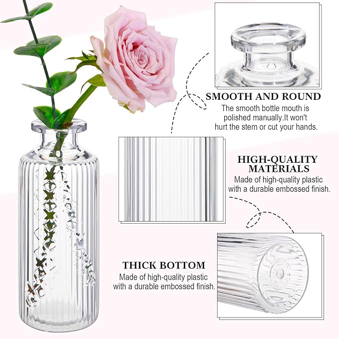 Honeydak Set of 24 Plastic Mini Bud Vases, Vintage Clear Decorative Vases Bulk for Table Centerpieces, Wedding Reception, Baby Shower, Home Decor, Housewarming Gift(Striped)